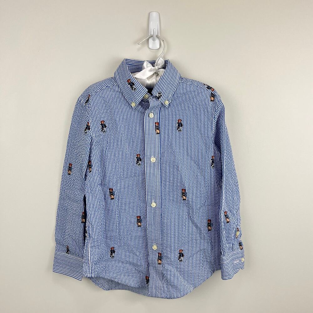 Ralph Lauren Blue Seersucker Bear Button Down Shirt 4T